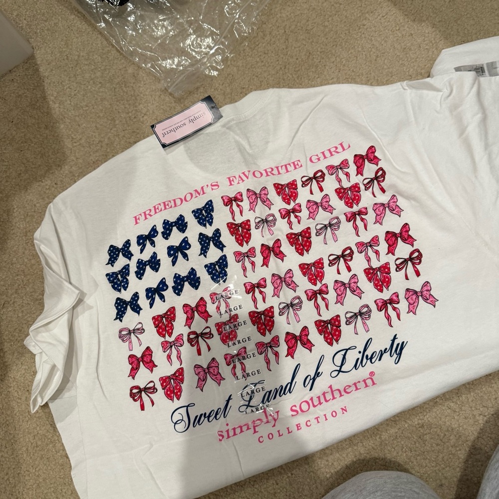 Simply Southern White Tee with Red, Pink and Navy Patriotic Bow Print
